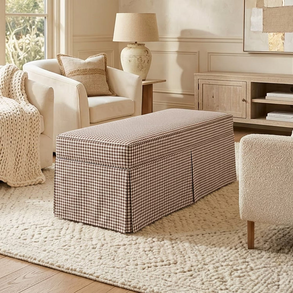 Skirted Upholstered Bench with Gingham Pattern