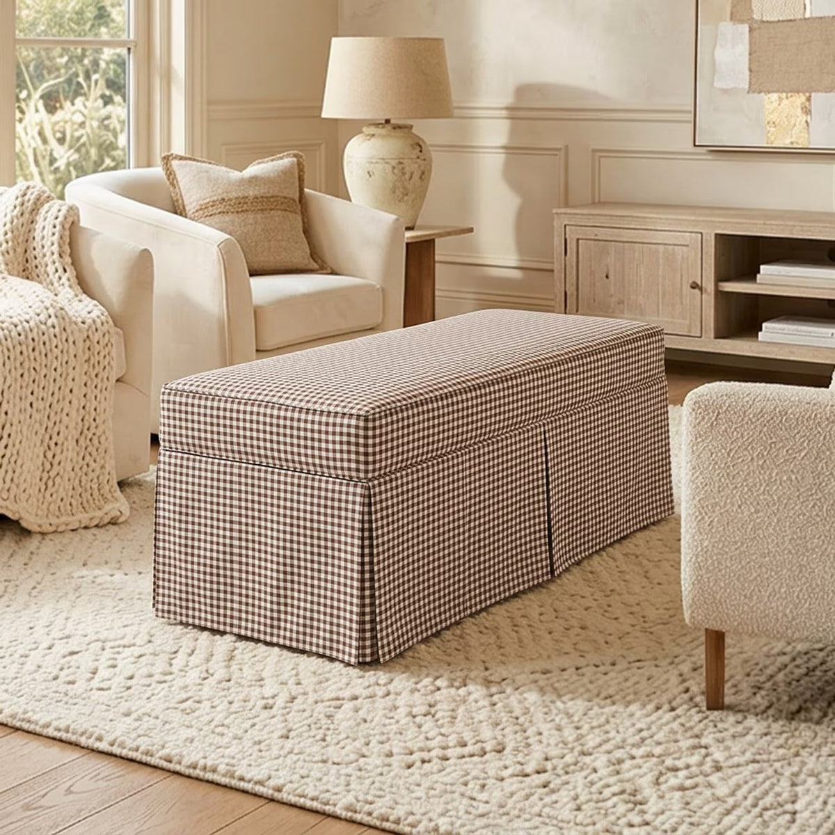 Skirted Upholstered Bench with Gingham Pattern